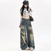 Ripped paint graffiti wide-leg jeans